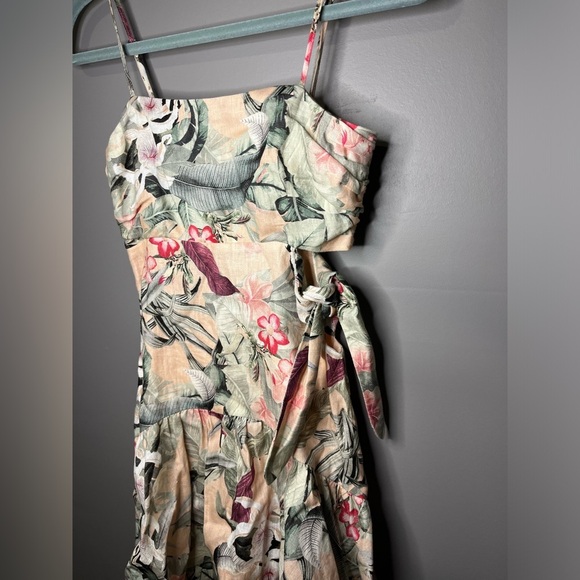 Guess Pink Floral Spaghetti Strap Smocked Sophie Linen Cut-Out Mini Dress Size 0 - Picture 2 of 6